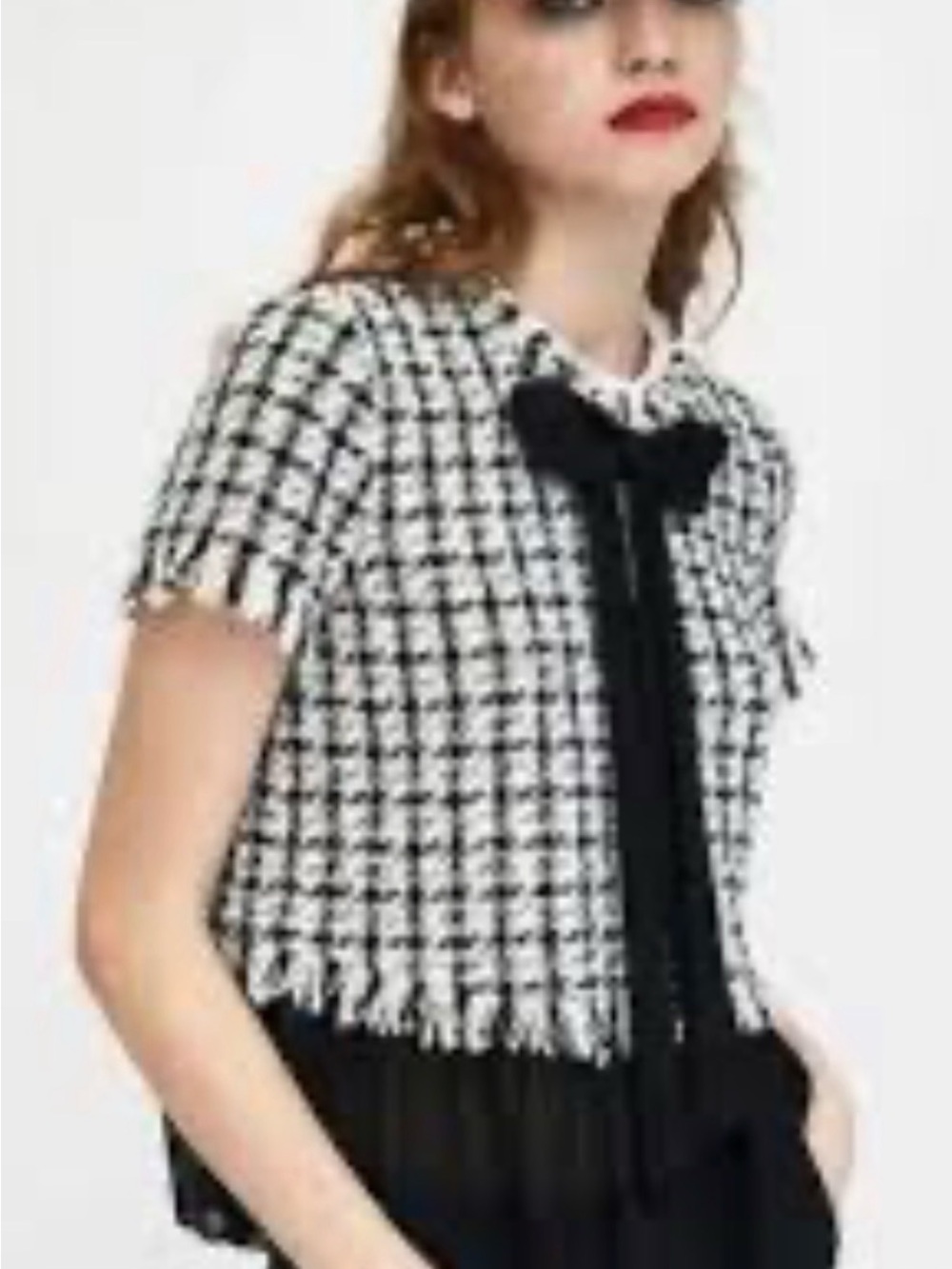 Zara Black and White Tweed Short Sleeve Top with Bow Accent